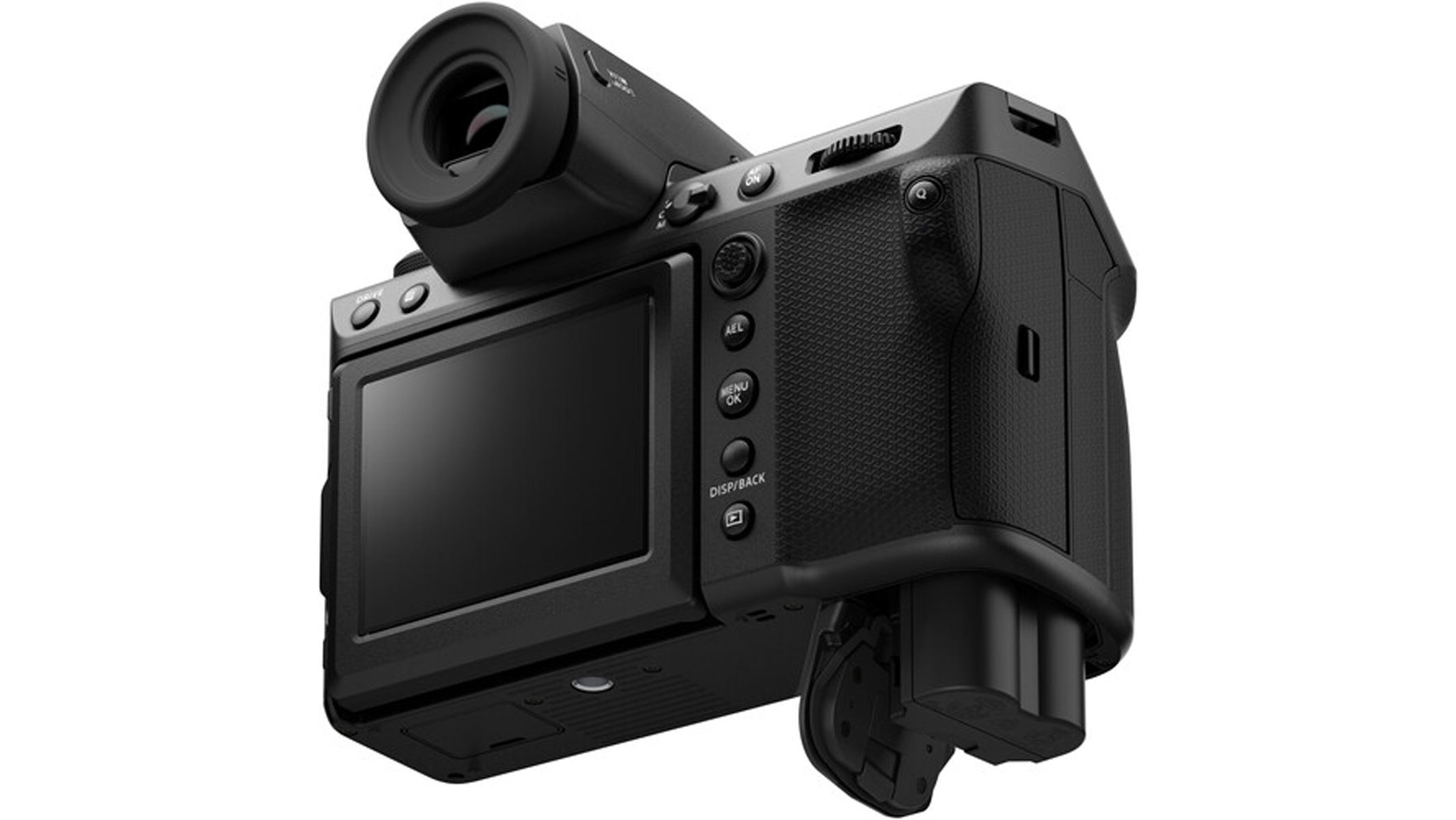 The Fujifilm GFX100 II with the battery compartment open and the battery sliding out