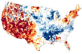 A map of surface soil wetness in March 2021, with blue areas representing high moisture, and dark red areas representing exceptional drought.