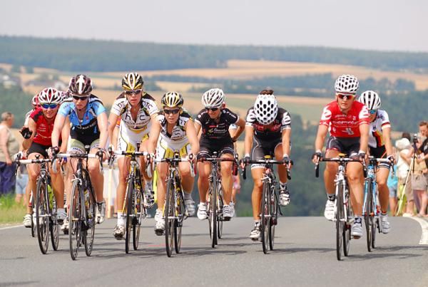 The breakaway crests a hill during stage 3.