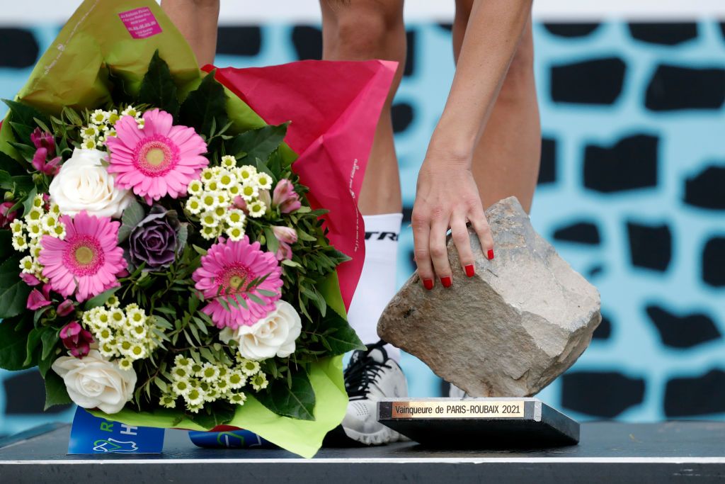 ROUBAIX FRANCE OCTOBER 02 Detailed view of Elisabeth DeignanArmitstead of United Kingdom and Team Trek Segafredo with the trophy on the podium ceremony after the 1st ParisRoubaix 2021 Womens Elite a 1164km race from Denain to Roubaix ParisRoubaixFemmes ParisRoubaix on October 02 2021 in Roubaix France Photo by Bas CzerwinskiGetty Images