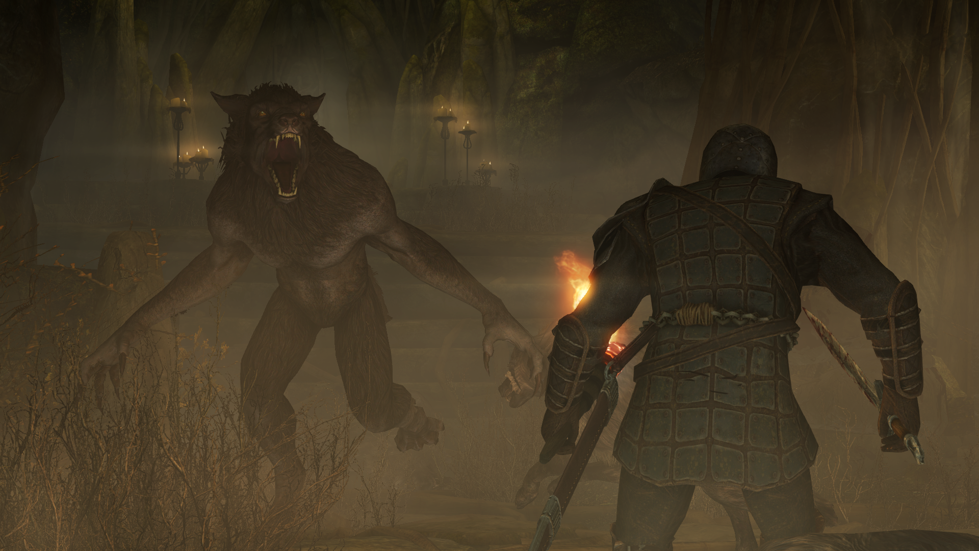 In a misty cave, a warrior and a werewolf circle one another as they prepare to fight.