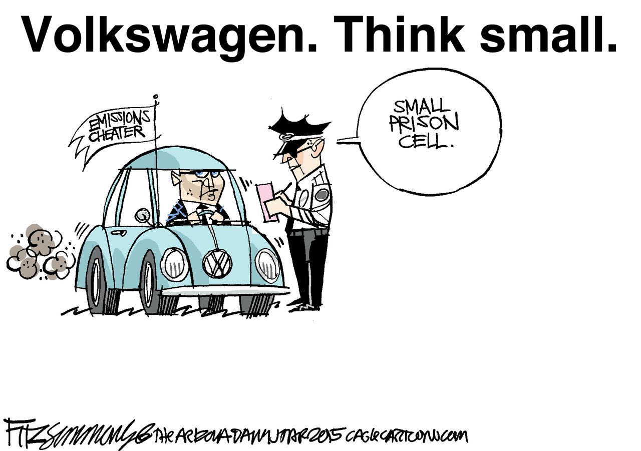 Editorial cartoon Volkswagen Think Small