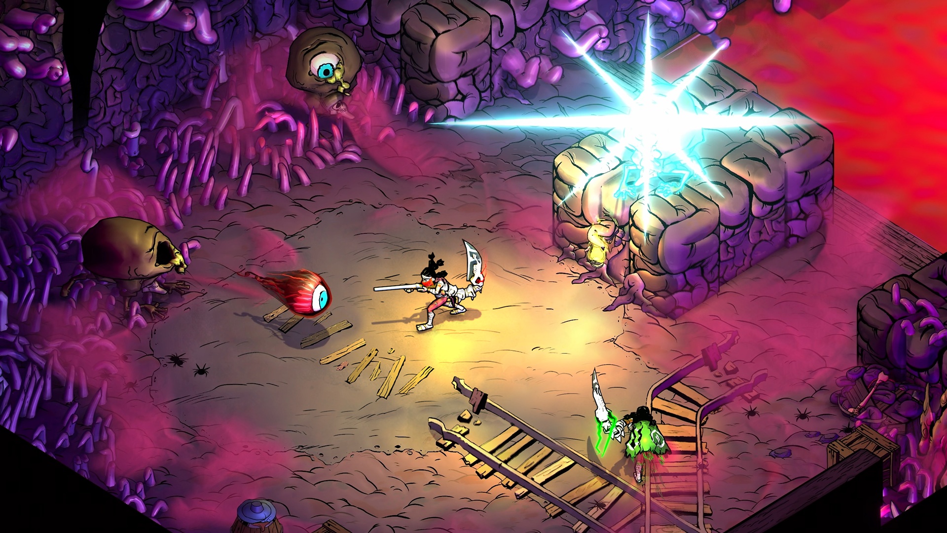 Blighted screenshot showing a character aiming a gun at a floating eyeball in an underground dungeon shrouded in purple smoke