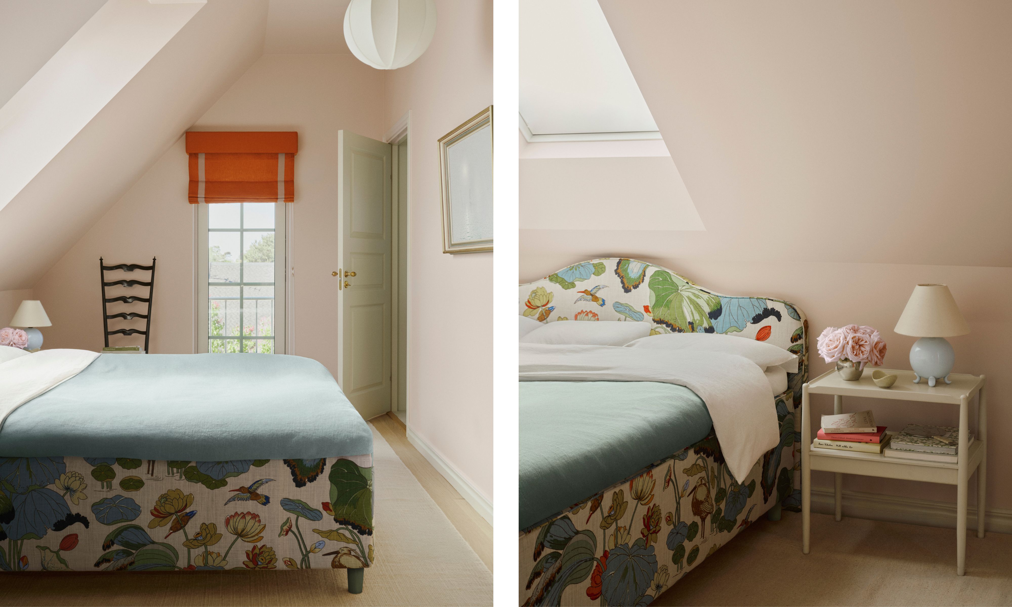 two side by side pale pink bedroom with botanical patterned bed