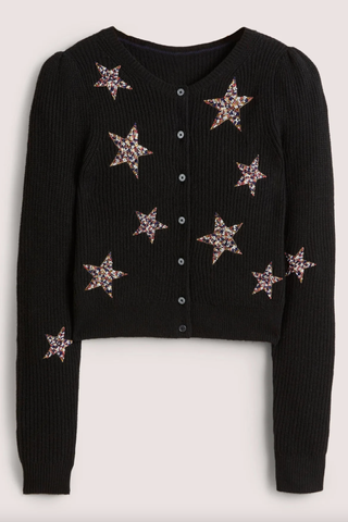 Boden Black Star-Embellished Ribbed Cardigan