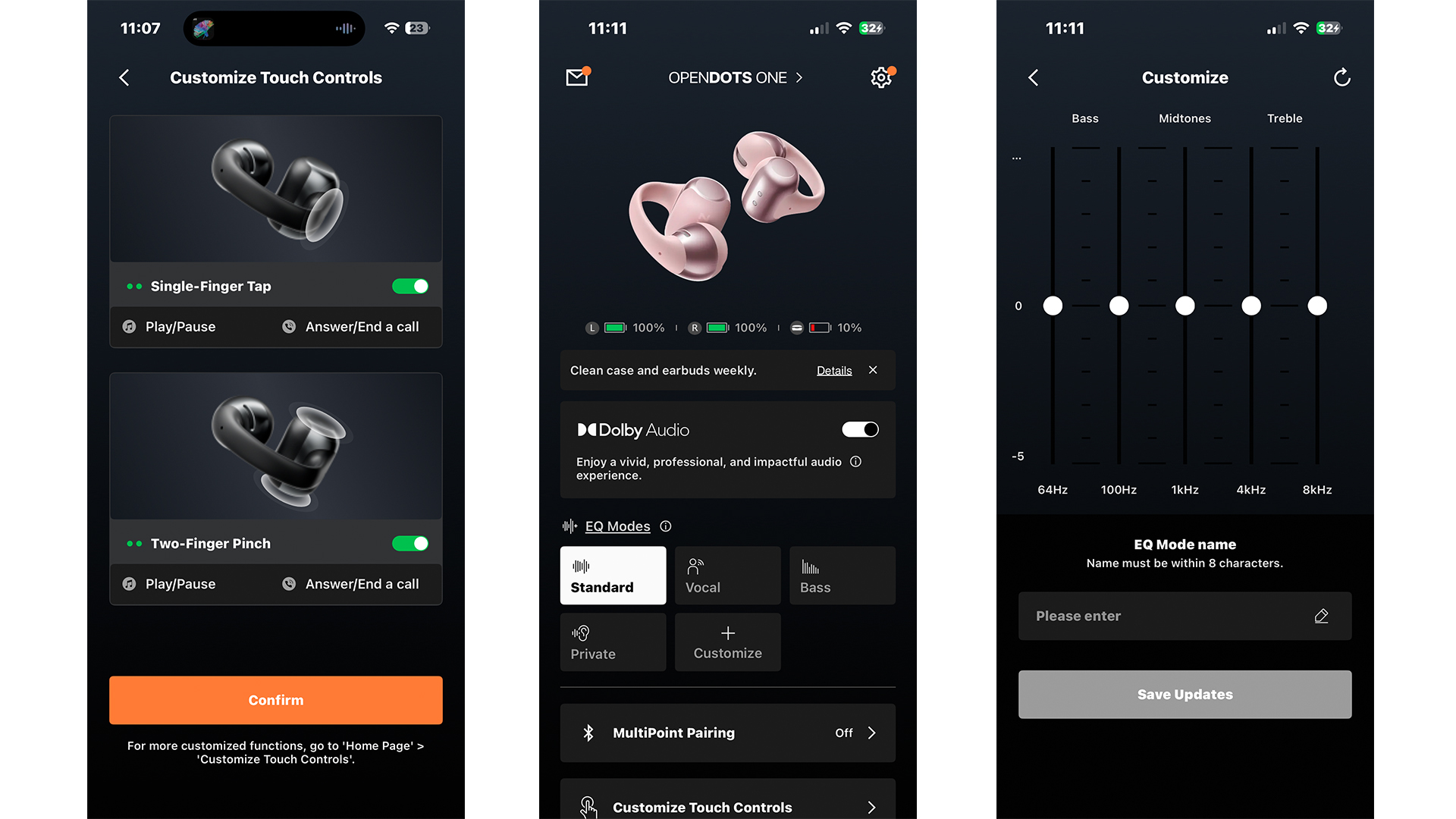 Shokz OpenDots One open earbuds app on three smartphone screens