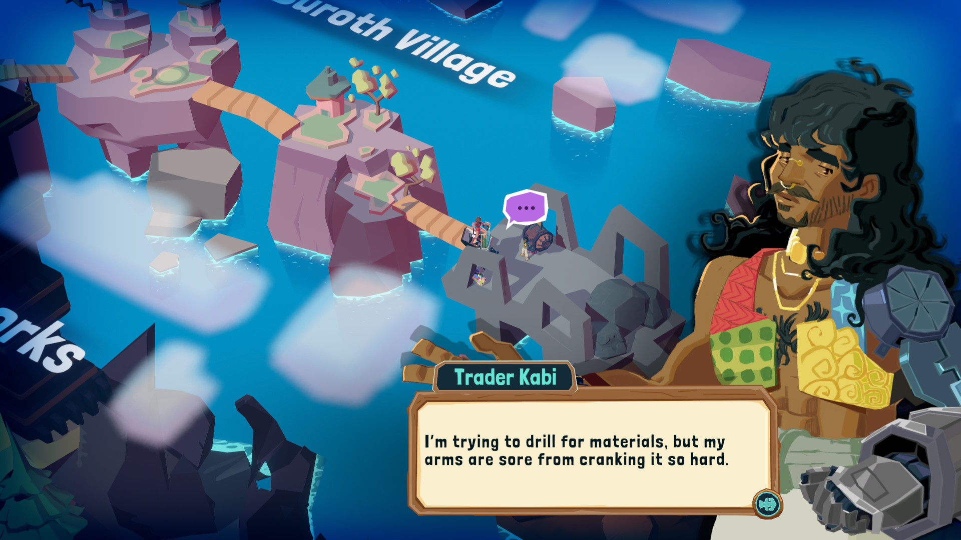 Trader Kabi is drilling for materials in Dosa Divas, making a rude joke about cranking it