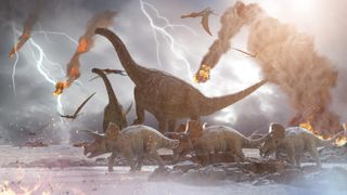 An illustration of dinosaurs fleeing as the asteroid that caused their extinction slams into Earth.