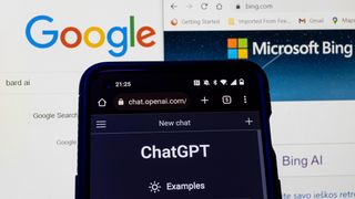 Google and Bing windows behind a phone with ChatGPT loaded
