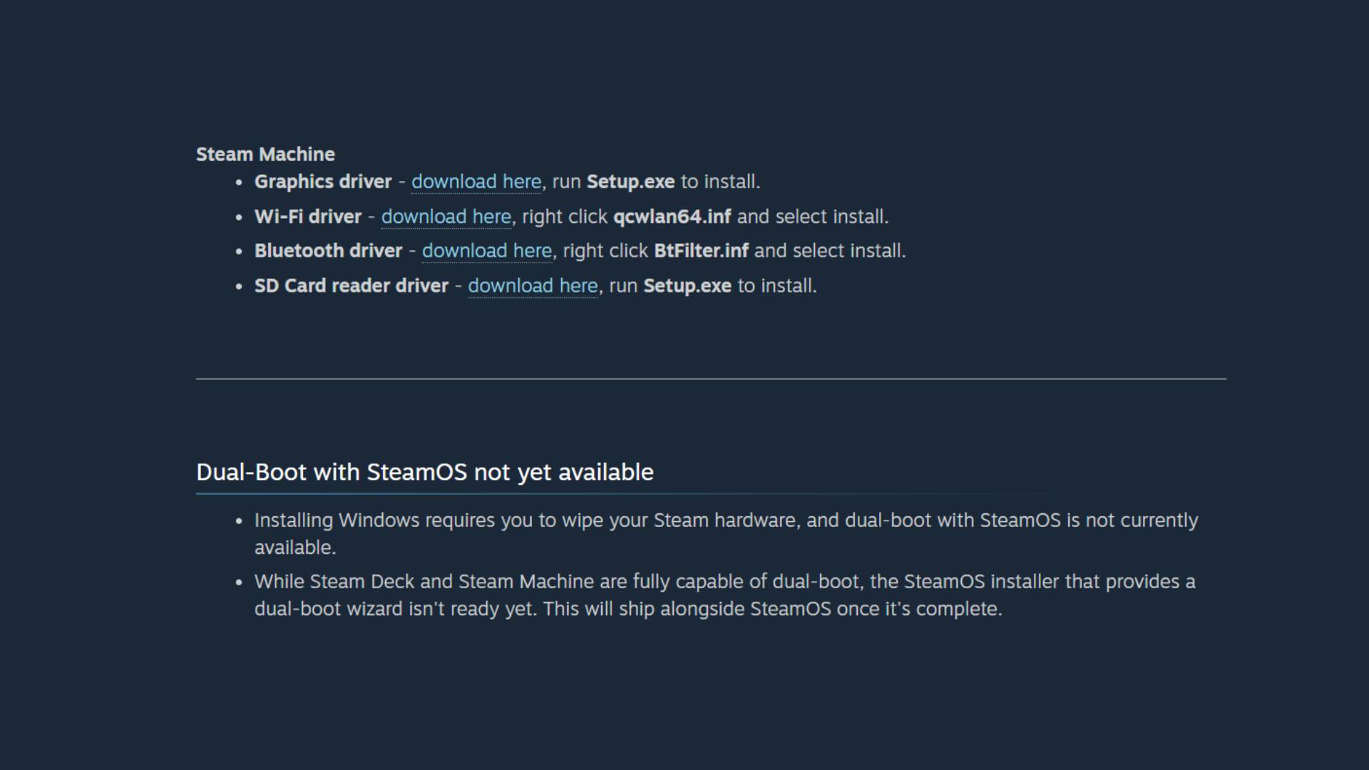 Screenshot of Steam Machine Windows 11 drivers on Valve support page alongside dual-booting notice.