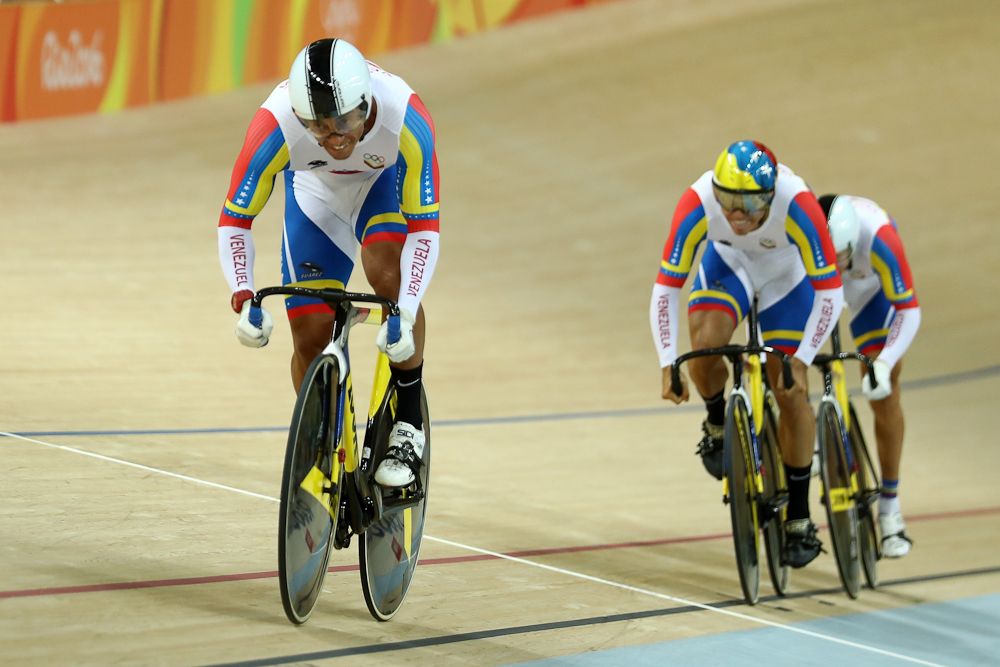 Cesar Marcano, Hersony Canelon and Angel Pulgar of Venezuela ride in the Men's Team Sprint