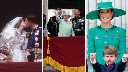 (L-R) Princess Diana and Prince Charles' wedding kiss, The Queen waving on the balcony, Kate Middleton and Prince Louis