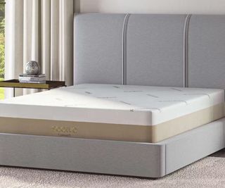 Saatva Contour5 Mattress on a gray bed base against a white wall.