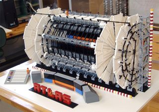 A model of the Large Hadron Collider's ATLAS detector, which is searching for the Higgs boson, made out of LEGO blocks by Sascha Mehlhase.