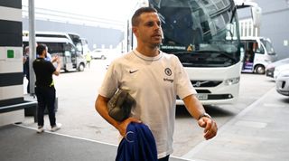 Cesar Azpilicueta of Chelsea arrives at the stadium prior to the pre-season friendly between Chelsea and Udinese Calcio at Dacia Arena on July 29, 2022 in Udine, Italy