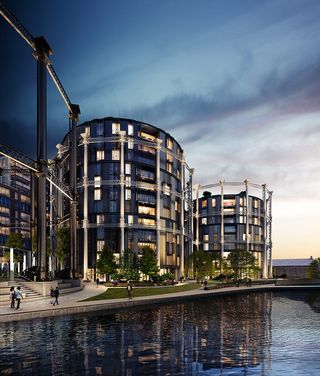 Come on in: the gasholder triplets' marketing suite completes in Kings Cross