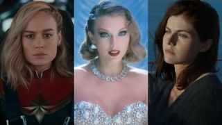 From left to right: Brie Larson as Captain Marvel in the trailer for The Marvels, Taylor Swift in her Bejeweled music video and Alexandra Daddario in the trailer for Mayfiar Witches.