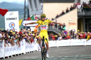 SAINTLARYSOULAN PLA DADET FRANCE JULY 13 Tadej Pogacar of Slovenia and UAE Team Emirates Yellow Leader Jersey celebrates at finish line as stage winner during the 111th Tour de France 2024 Stage 14 a 1519km stage from Pau to SaintLarySoulan Pla dAdet 1653m UCIWT on July 13 2024 in SaintLarySoulan Pla dAdet France Photo by Tim de WaeleGetty Images