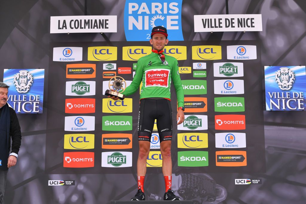 VALDEBLORE LA COLMIANE FRANCE MARCH 14 Podium Tiesj Benoot of Belgium and Team Sunweb Green Sprint Jersey Celebration Trophy during the 78th Paris Nice 2020 Stage 7 a 1665km stage from Nice to Valdeblore La Colmiane 1500m Paris Nice 2020 final stage as part of the fight against the spread of the Coronavirus ParisNice parisnicecourse PN on March 14 2020 in Valdeblore La Colmiane France Photo by Luc ClaessenGetty Images