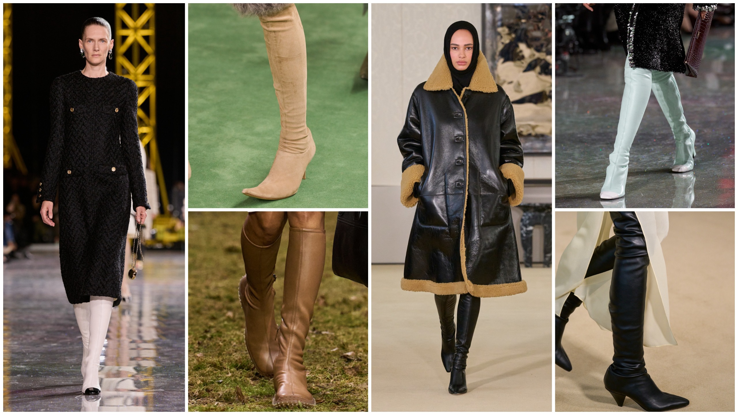 collage of skintight boots on the fall 2026 runways of chanel, miu miu, acne studios, altuzarra