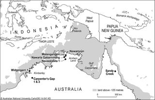 A map of northwestern Australia showing the location of archaeological digs at known early human habitation sites, including Carpenter's Gap.