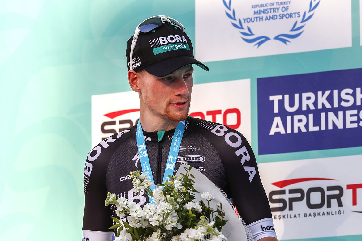 Sam Bennett on the podium after winning opening stage of Tour of Turkey