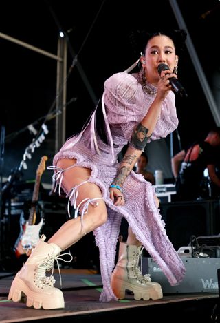 Best Coachella Fashion Looks | Michelle Zauner of Japanese Breakfast performs on the Mojave stage during the 2022 Coachella Valley Music And Arts Festival on April 23, 2022 in Indio, California