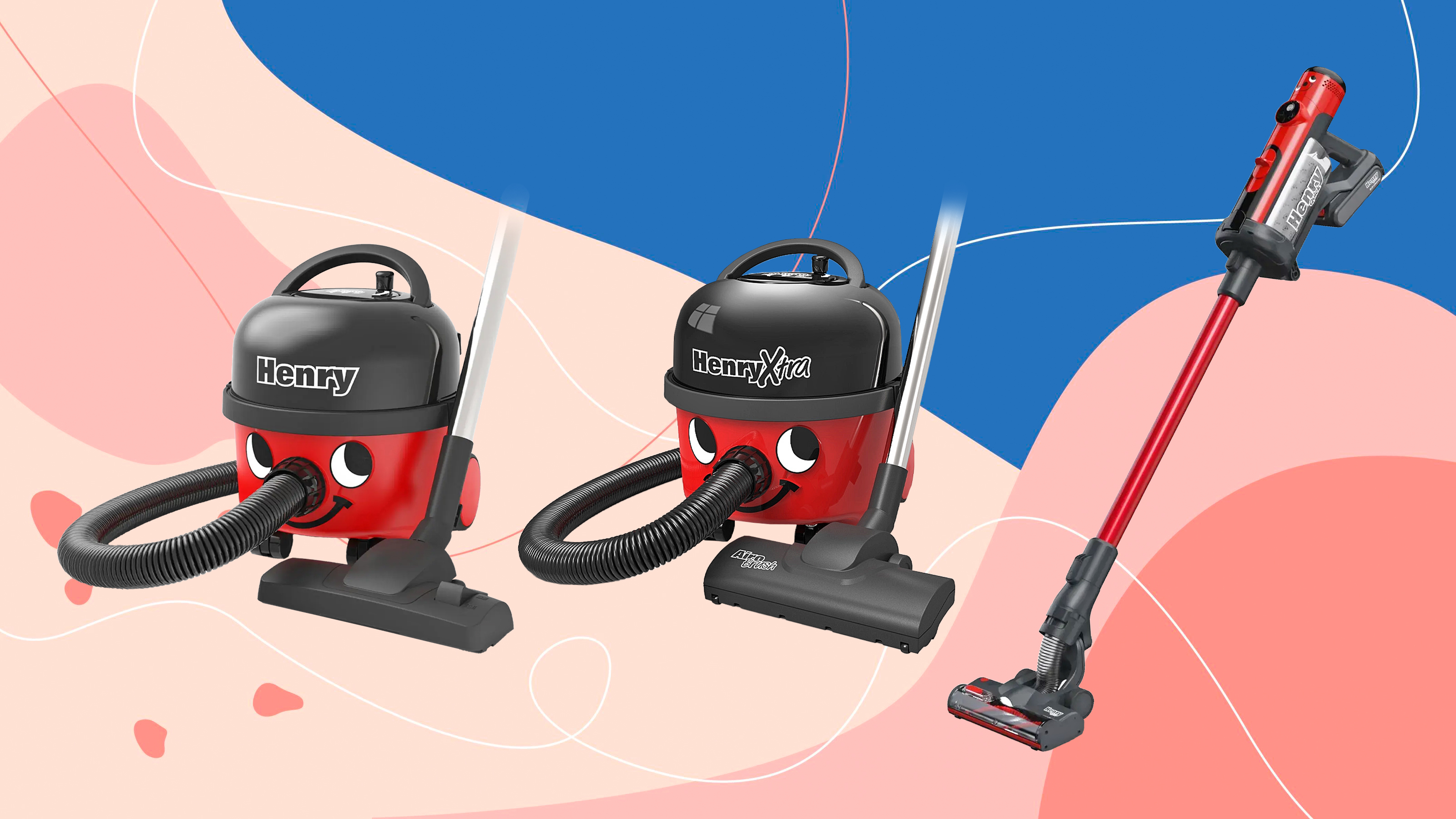 Three Henry vacuum cleaners on a pink and blue background