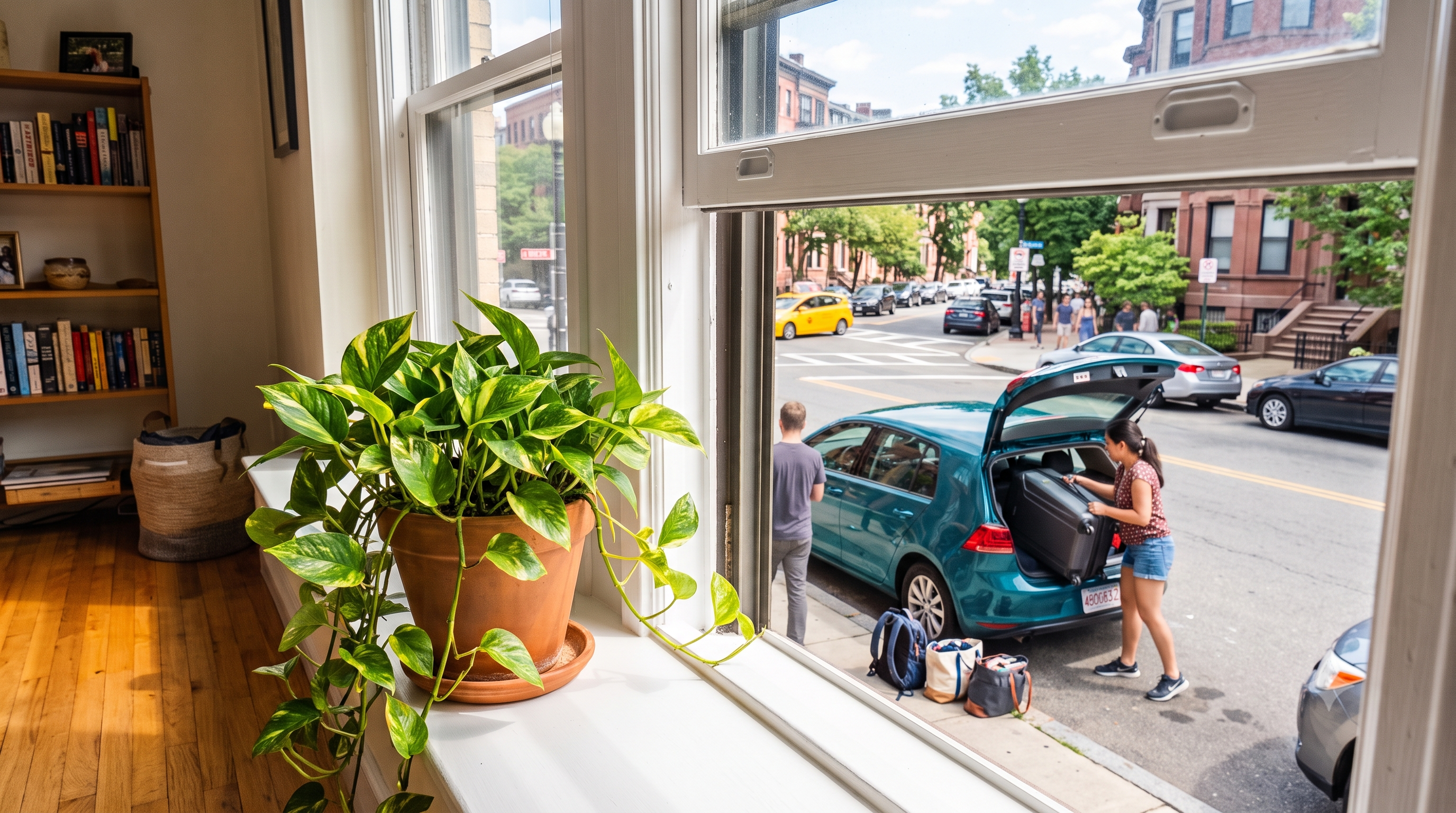 A pothos on a windowsill. In the background a woman loads suitcases into a car