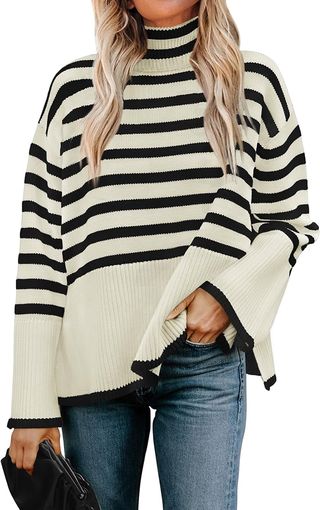 Zesica Women's 2024 Winter Sweaters Casual Turtleneck Long Sleeve Striped Side Slit Loose Pullover Sweater Jumper Tops,apricot,small