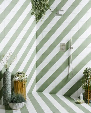 green and white diagonal stripe tiles in shower