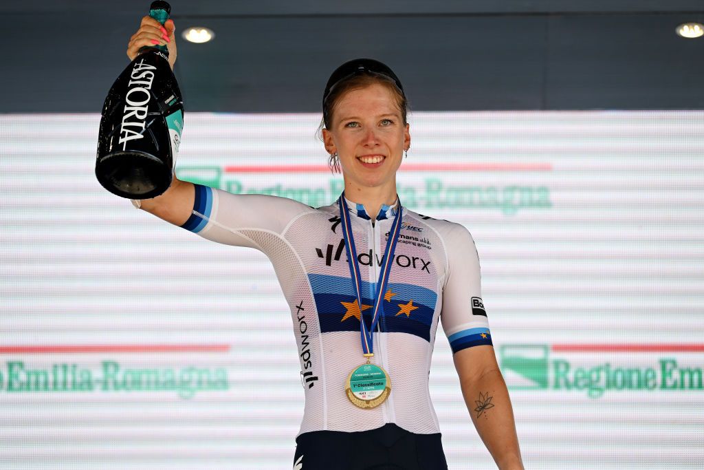 MODENA ITALY JULY 02 Lorena Wiebes of The Netherlands and Team SD Worx celebrates at podium as stage winner during the 34th Giro dItalia Donne 2023 Stage 3 a 1182km stage from Formigine to Modena UCIWWT on July 02 2023 in Modena Italy Photo by Dario BelingheriGetty Images