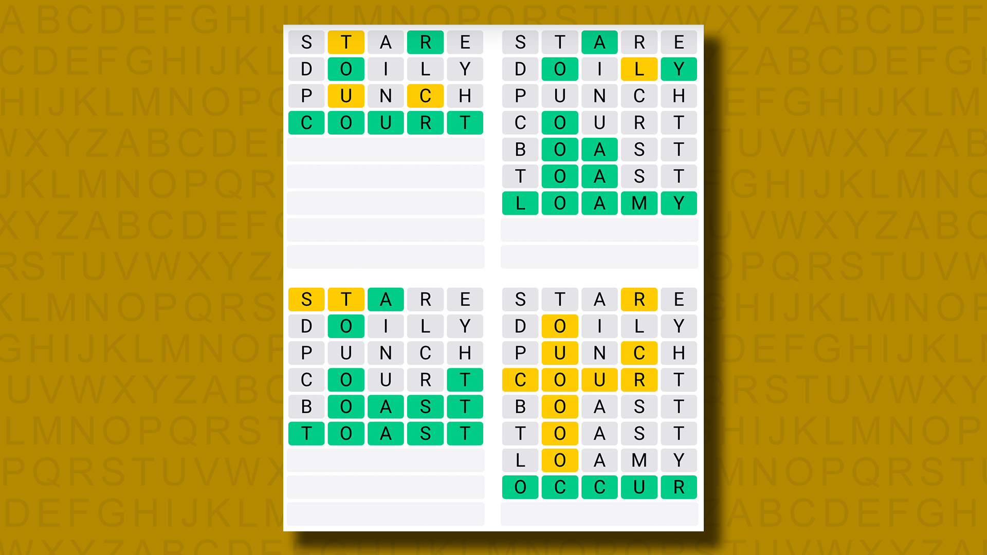 Quordle Daily Sequence Answers for Game 930 on a Yellow Background