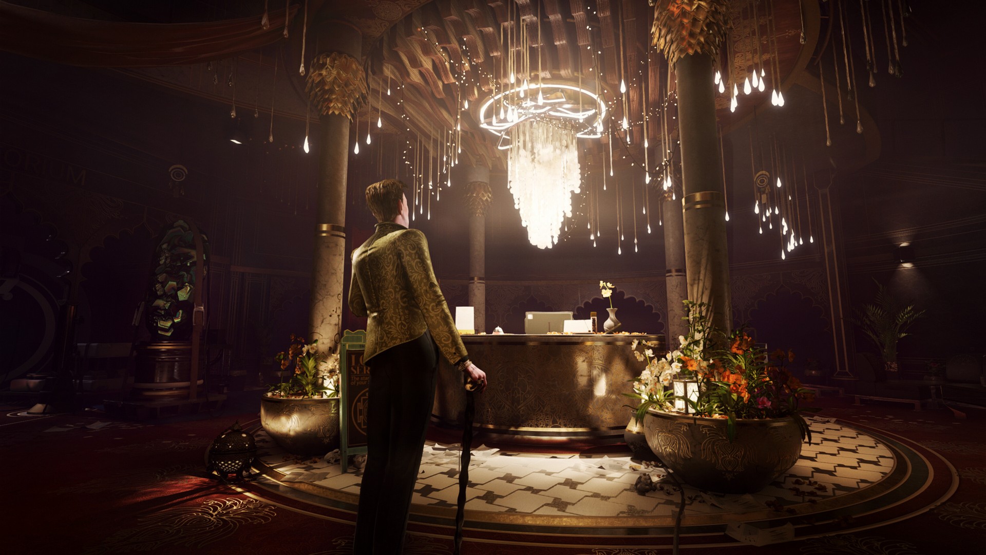 A luxurious lobby in Ontos' moon hotel, with a man standing, back turned, dressed in fine clothes and with a cane. A decadent chandelier casts the room with a warm, low light glow