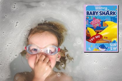 Child in bath and drop in of recalled baby shark bath toy