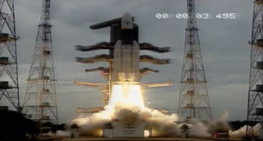 The India Space Research Organisation's Chandrayaan-2 moon orbiter, lander and rover launch into space atop a Geosynchronous Satellite Launch Vehicle Mark III-M1 rocket from the Satish Dhawan Space Centre on Sriharikota Island on July 22, 2019.