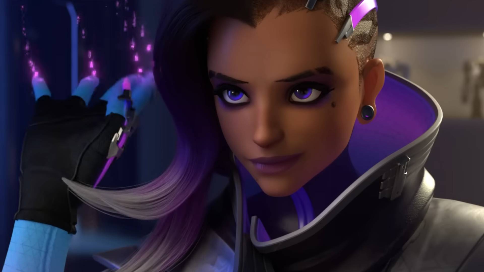 Sombra waves in a screenshot from Overwatch animated short Infiltration.
