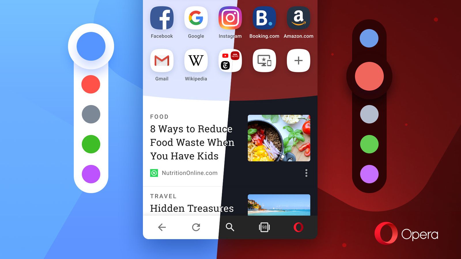dark mode Opera for Android offers red, blue, purple and green