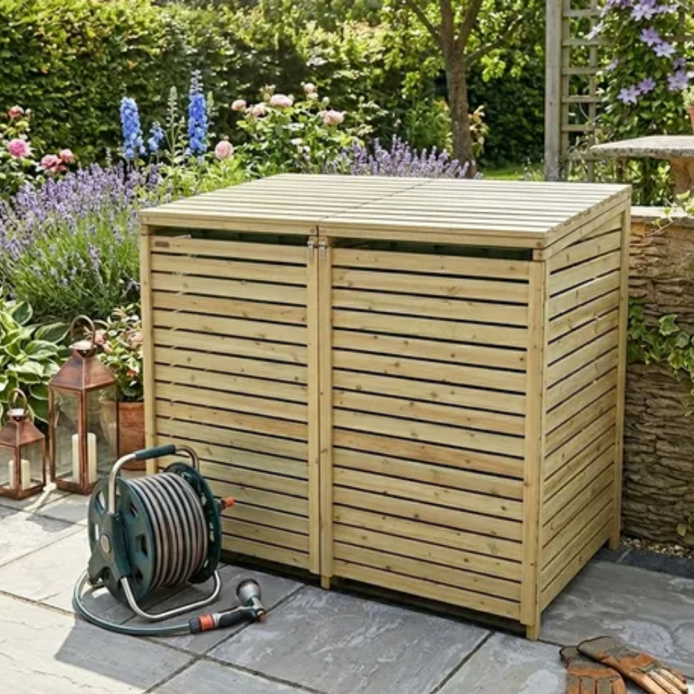 Wooden bin store in a garden