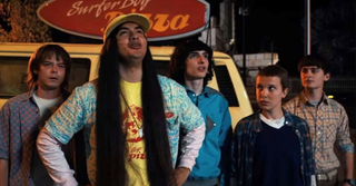 Surfer Boy pizza van behind the Stranger Things season 4 cast