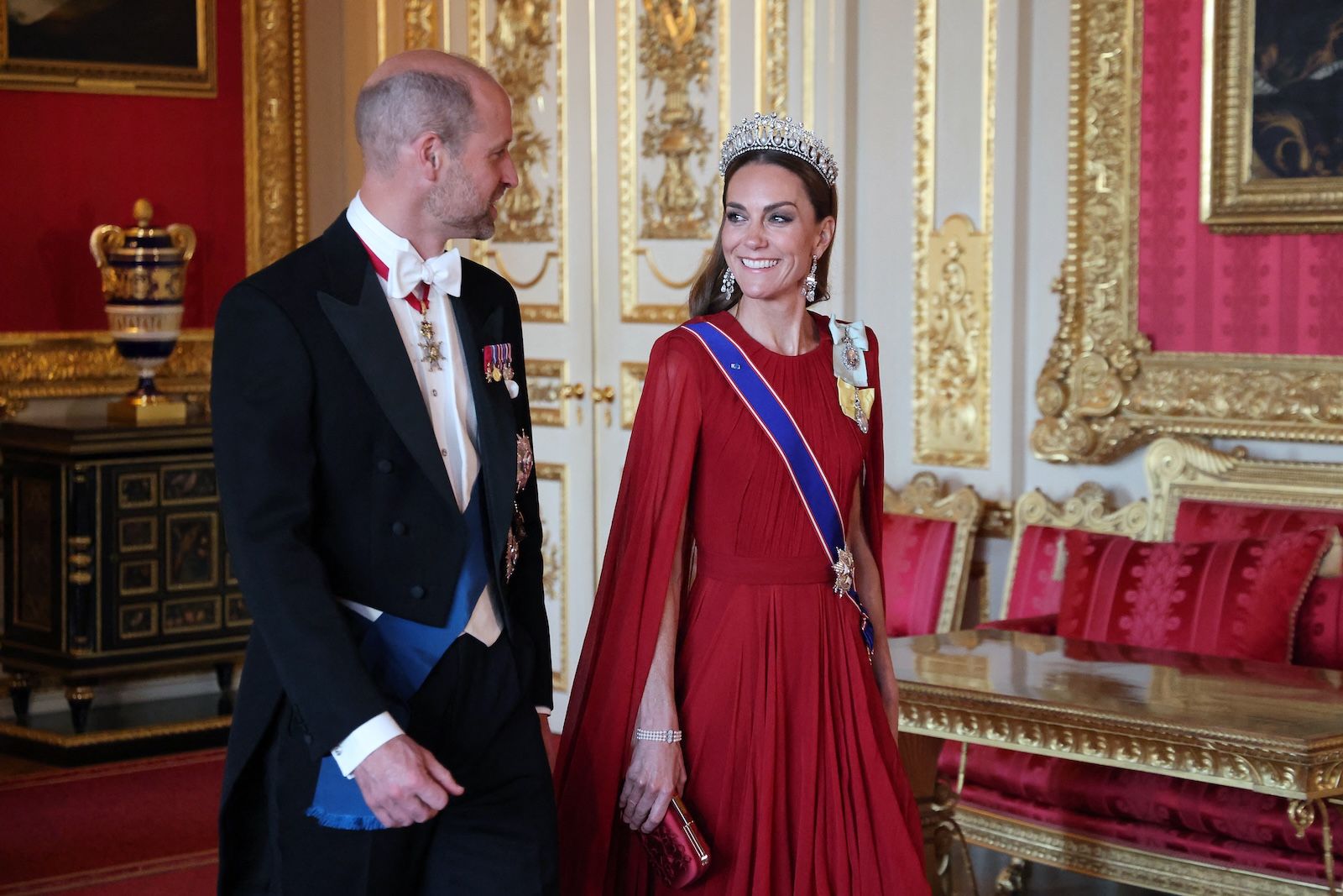 Princess Kate wearing a red gown and the Lover's Knot tiara