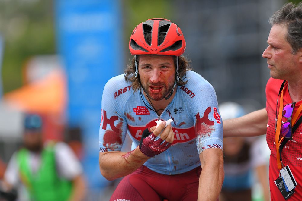 Marco Haller is banged up after a crash in the finale of stage 2 at the Tour Down Under