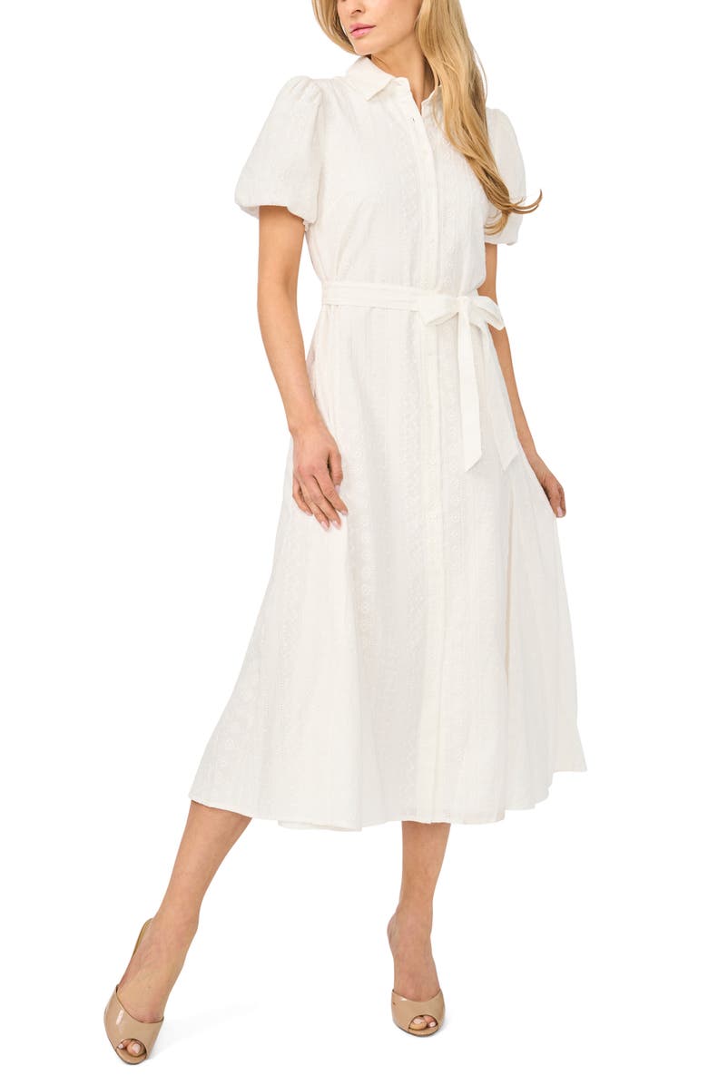 Embroidered Puff Sleeve Cotton Button-Up Shirtdress
