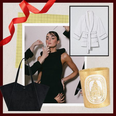 A collage of images of Paige DeSorbo and robes, bags, and candles for a holiday shopping guide.
