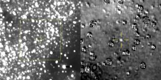 Left: A composite image of the first observations by New Horizons of its next target, the Kuiper Belt object Ultima Thule. Right: A magnified view of the region in the box, with the background stars subtracted out.