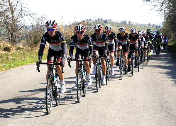 The RadioShack-Nissan team of racel leader Chris Horner sets the tempo in the peloton.