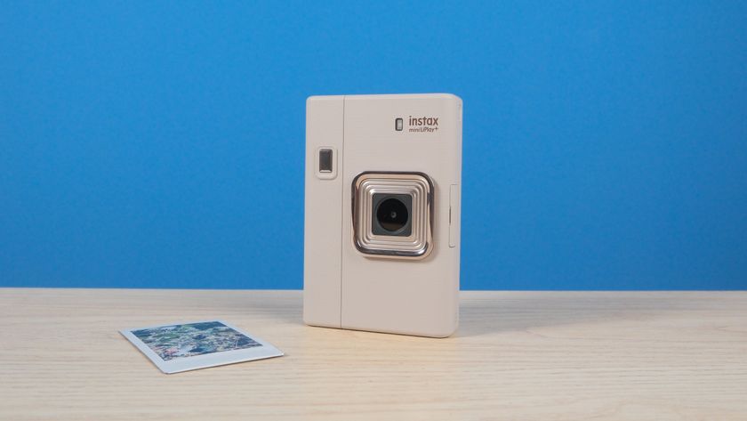 A Sand Beige Fujifilm Instax mini LiPlay Plus hybrid instant camera