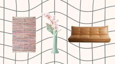 Urban Outfitters discounted home items including a multicolored area rug, a green leaf vase, and a brown leather sleeper sofa