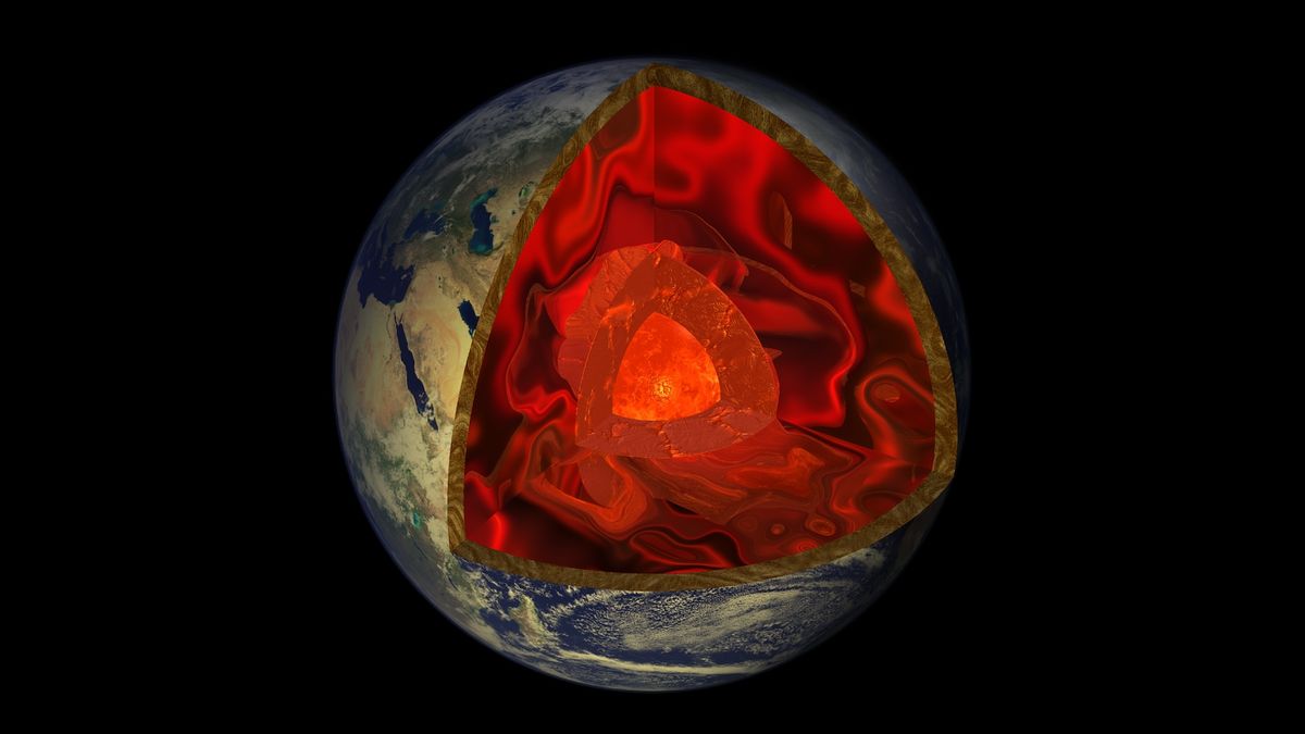 A cross-section diagram showing Earth&#039;s crust, mantle, and core