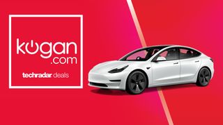 A white Tesla Model 3 is shown on a red background. Text beside it reads 'Kogan.com'